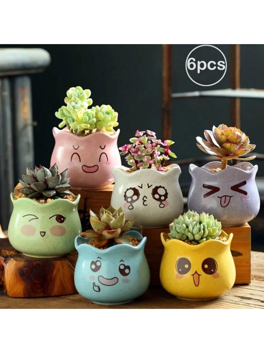 Echeveria Succulent - กระถางดอกไม้เซรามิกลายการ์ตูนน่ารัก 6 ชิ้น/ชุด กระถางต้นไม้แบบมีรูระบายน้ำ เหมาะสำหรับปลูกไม้อวบน้ำ